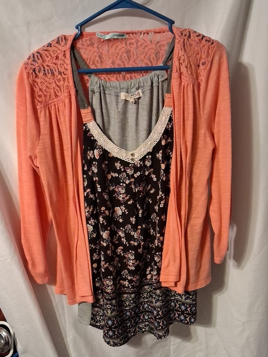 Maurices Tops - Maurices Coral Lace-Shoulder Cardigan Over Floral Tank